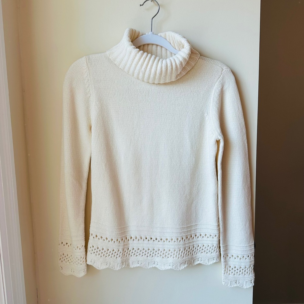 Cream Off White Turtleneck Sweater Pointelle Scalloped Hem Knit Long Sleeve